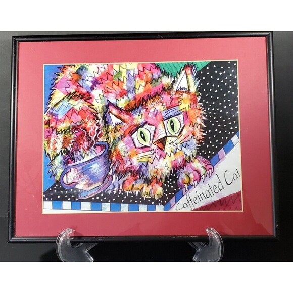Caffeinated Cat Framed Painting Pam Reinke 11" x 14" - Picture 1 of 7